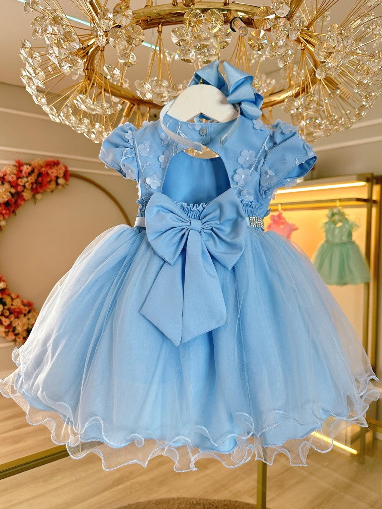Vestido Infantil Azul Com Renda e Pérolas para Batizados