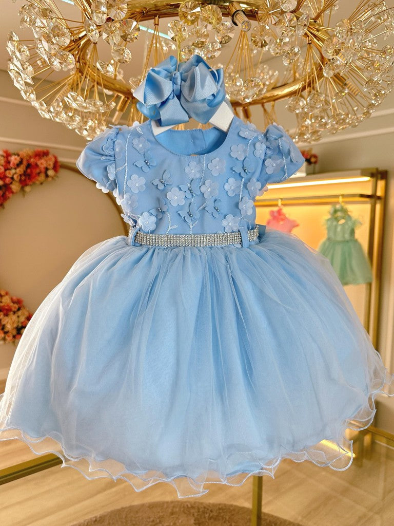 Vestido Infantil Azul Com Renda e Pérolas para Batizados
