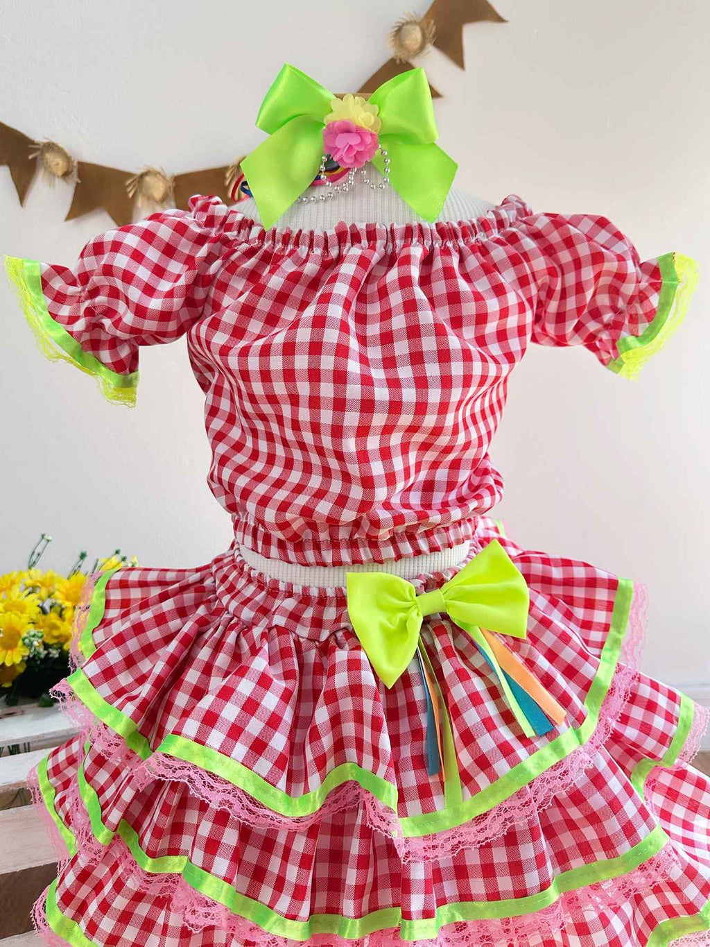 Vestido Festa Junina Vermelho Xadrez Cropped Com Saia