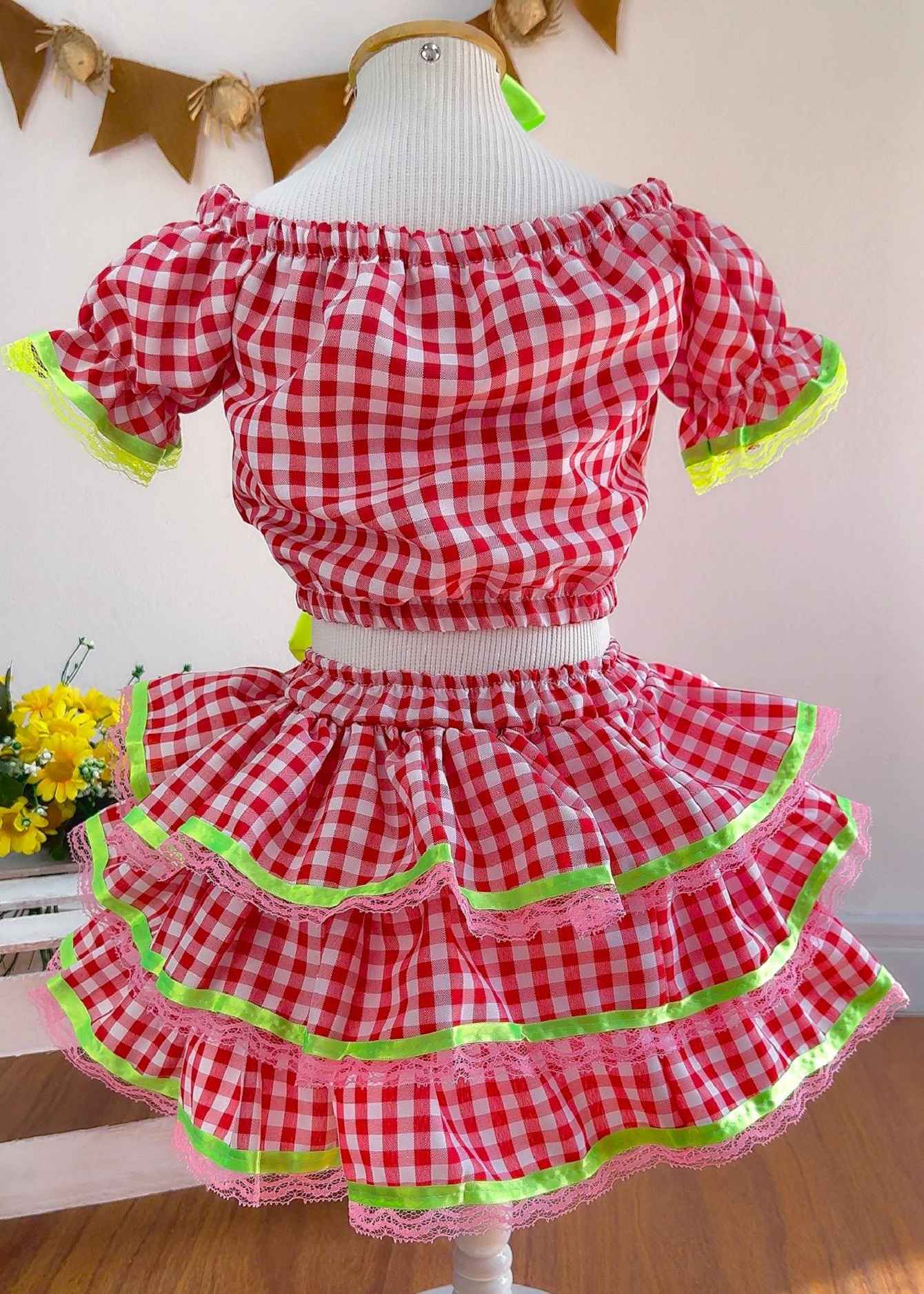 Vestido Festa Junina Vermelho Xadrez Cropped Com Saia