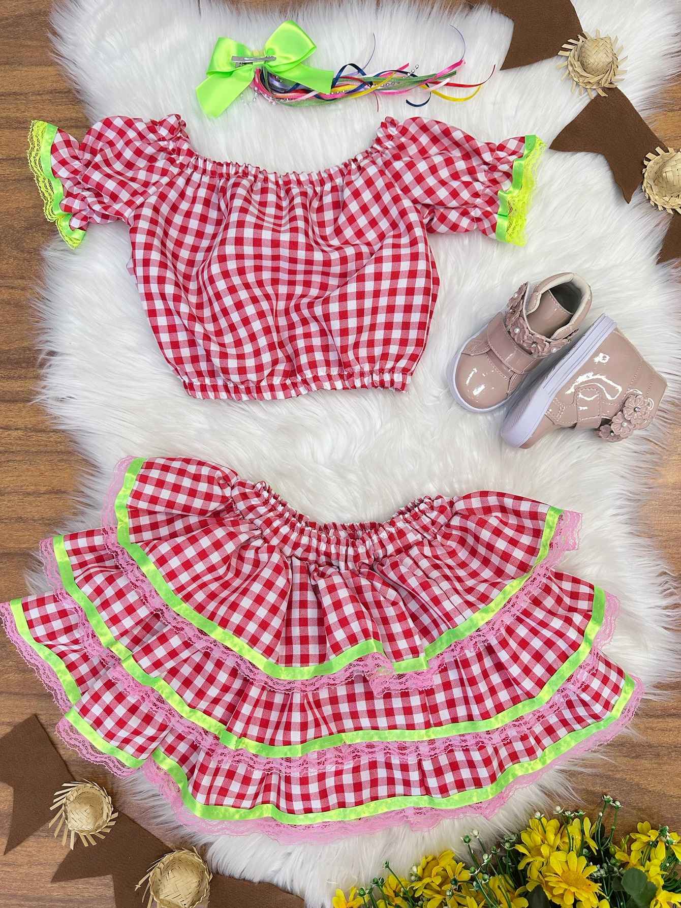 Vestido Festa Junina Vermelho Xadrez Cropped Com Saia