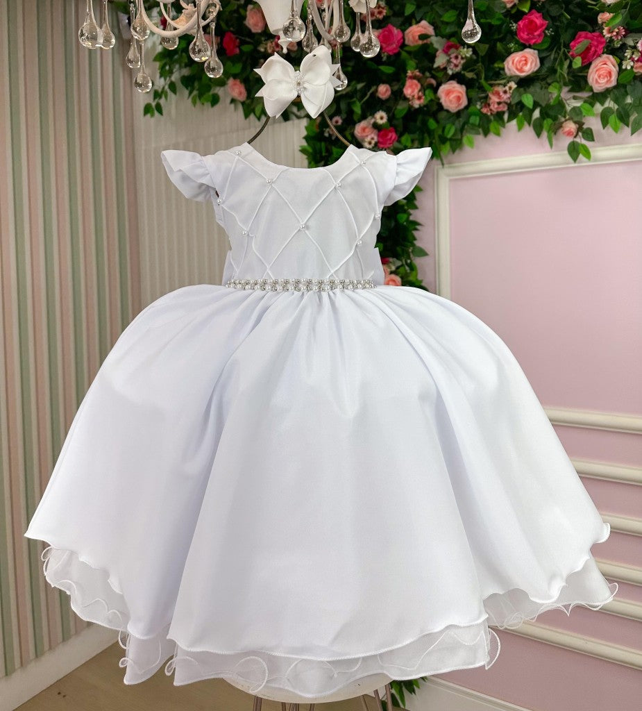 Vestido Infantil Francine Branco em Poliéster com Tule