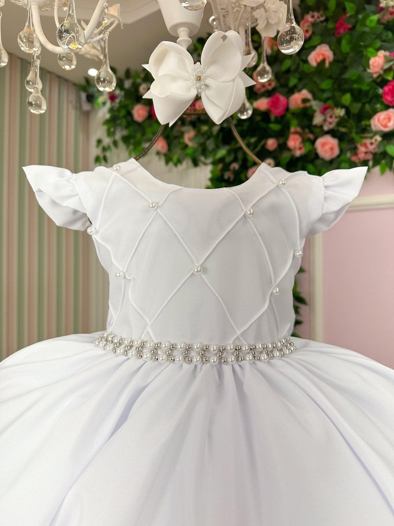 Vestido Infantil Francine Branco em Poliéster com Tule