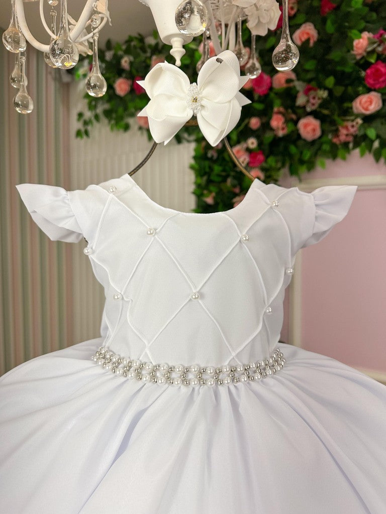 Vestido Infantil Francine Branco em Poliéster com Tule