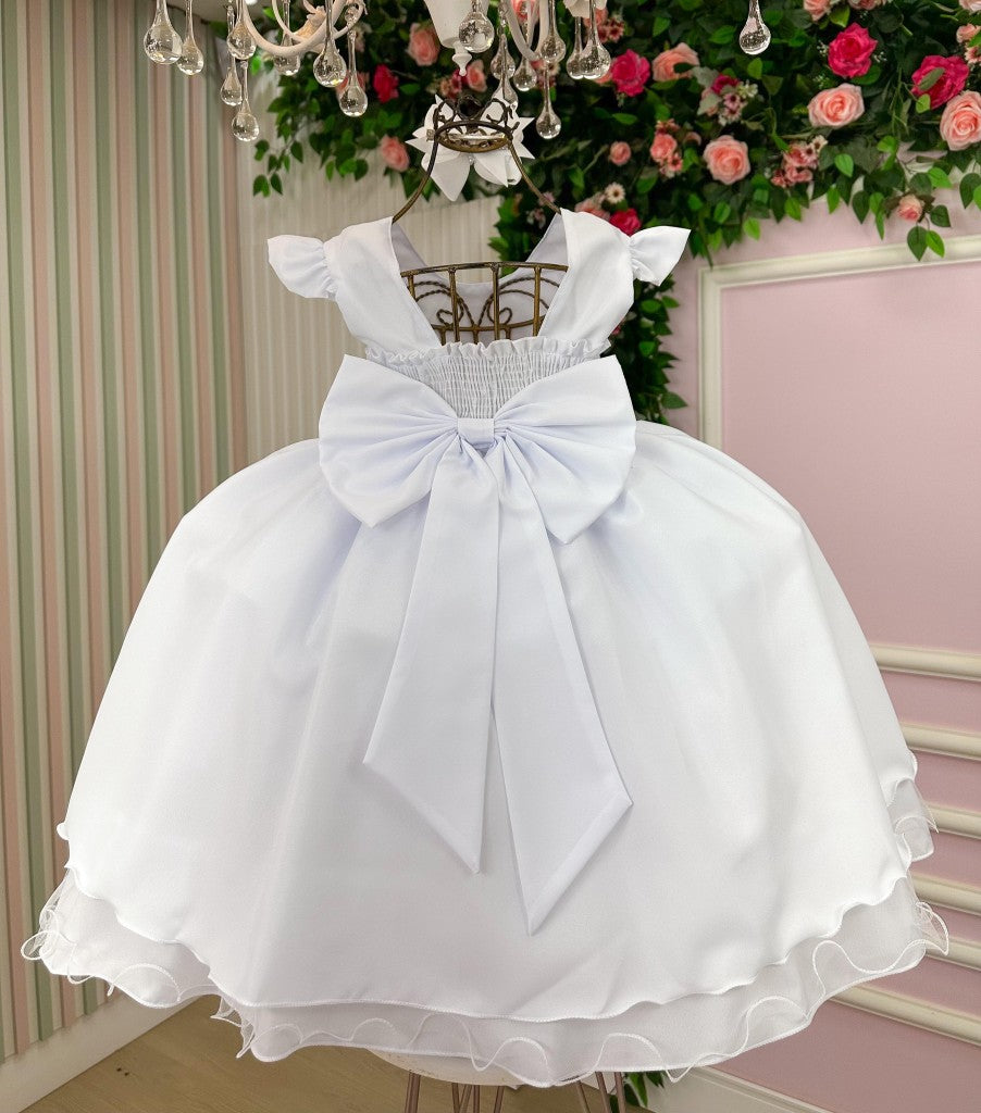 Vestido Infantil Francine Branco em Poliéster com Tule