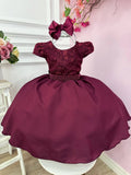 Vestido Infantil Marsala com Renda e Cinto de Pérolas