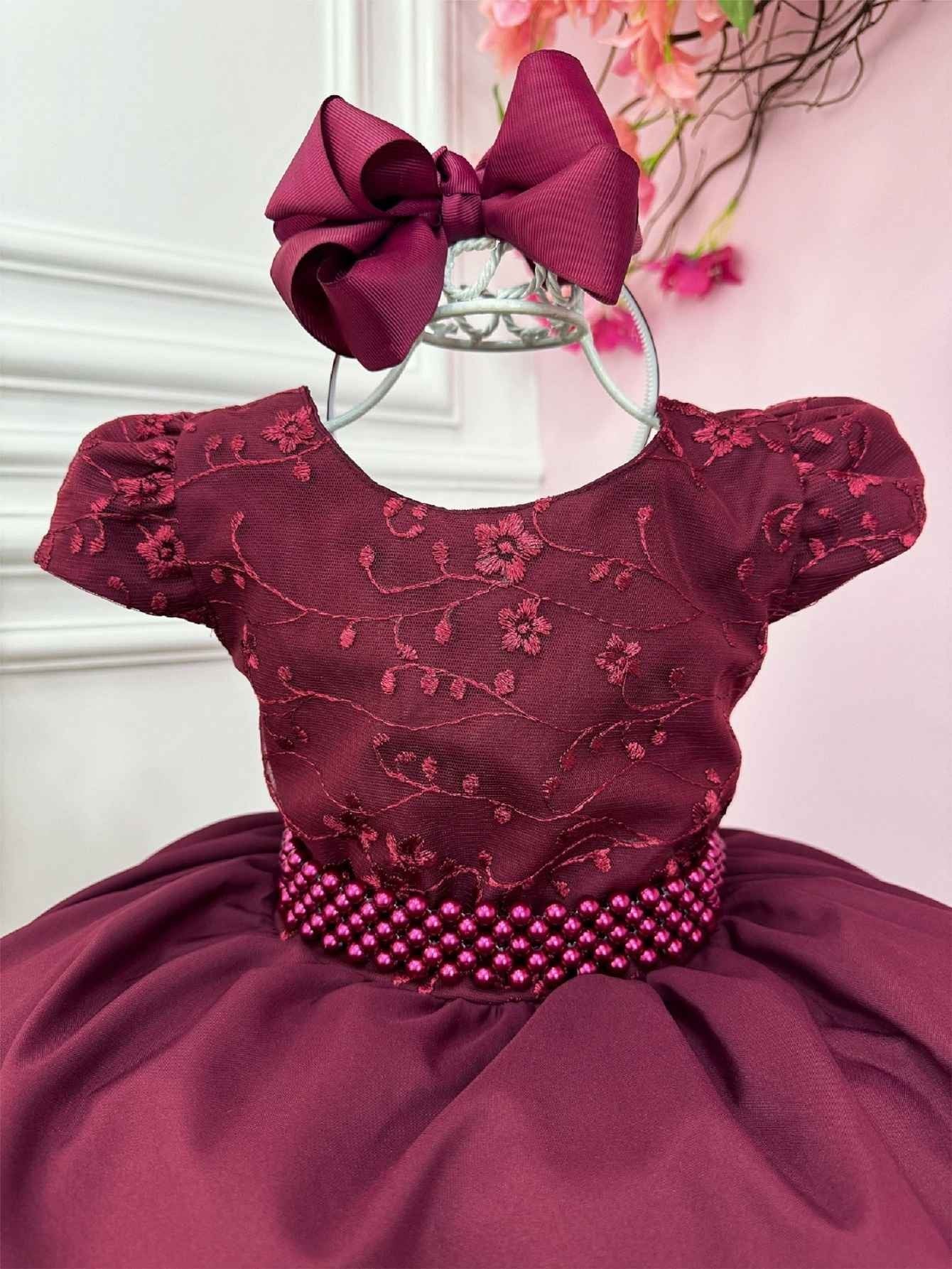 Vestido Infantil Marsala com Renda e Cinto de Pérolas