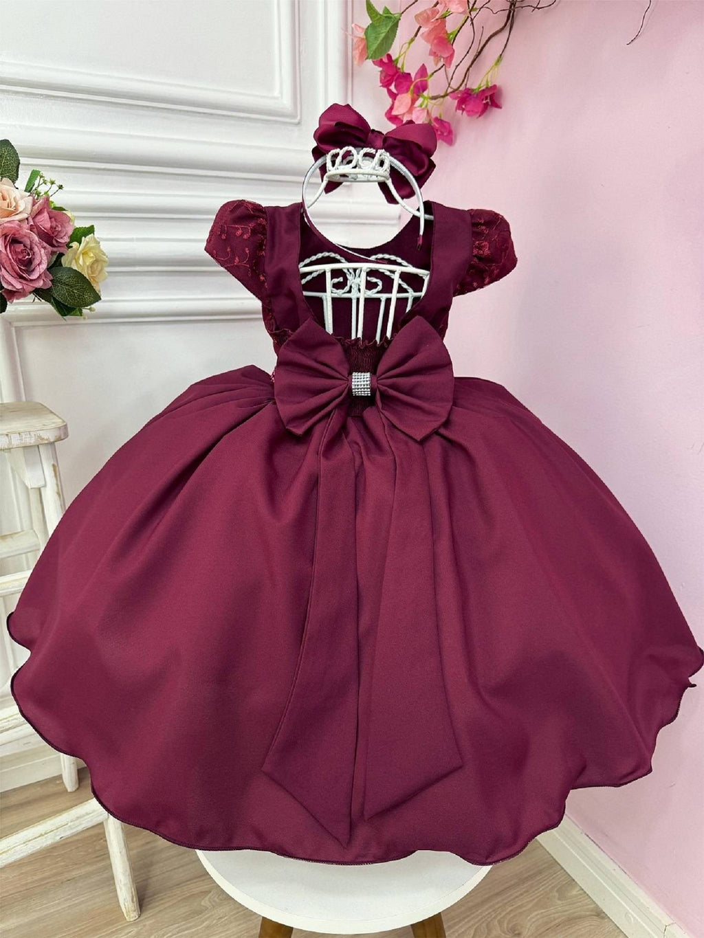 Vestido Infantil Marsala com Renda e Cinto de Pérolas