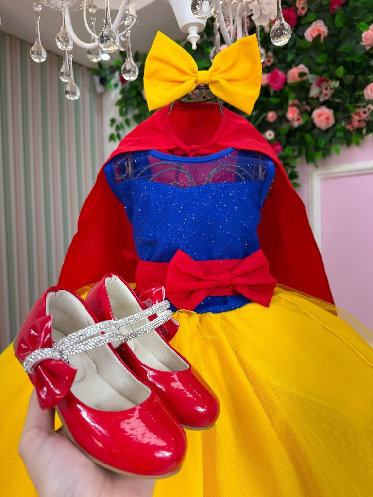 Fantasia Branca de Neve em Tecido 100% Poliéster com Capa e Laço Bico de Pato