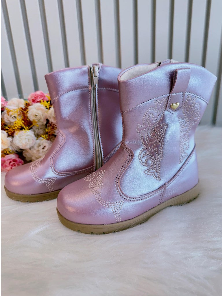 Bota Infantil Courino Metalizado Rosa com Zíper para Inverno