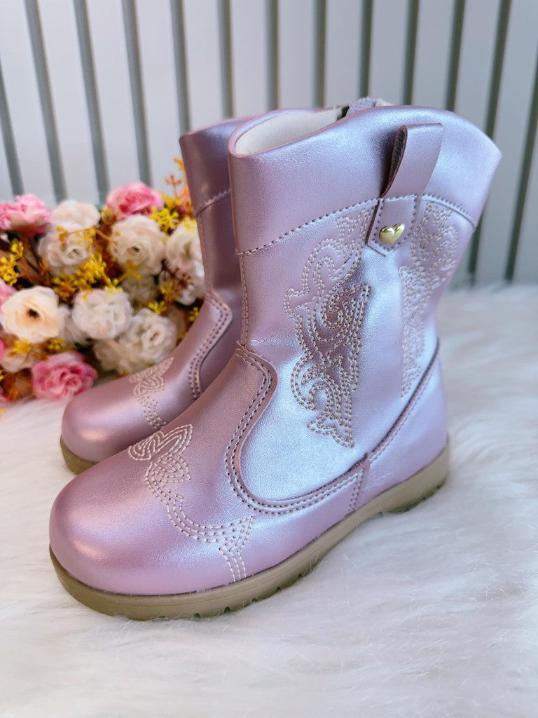 Bota Infantil Courino Metalizado Rosa com Zíper para Inverno