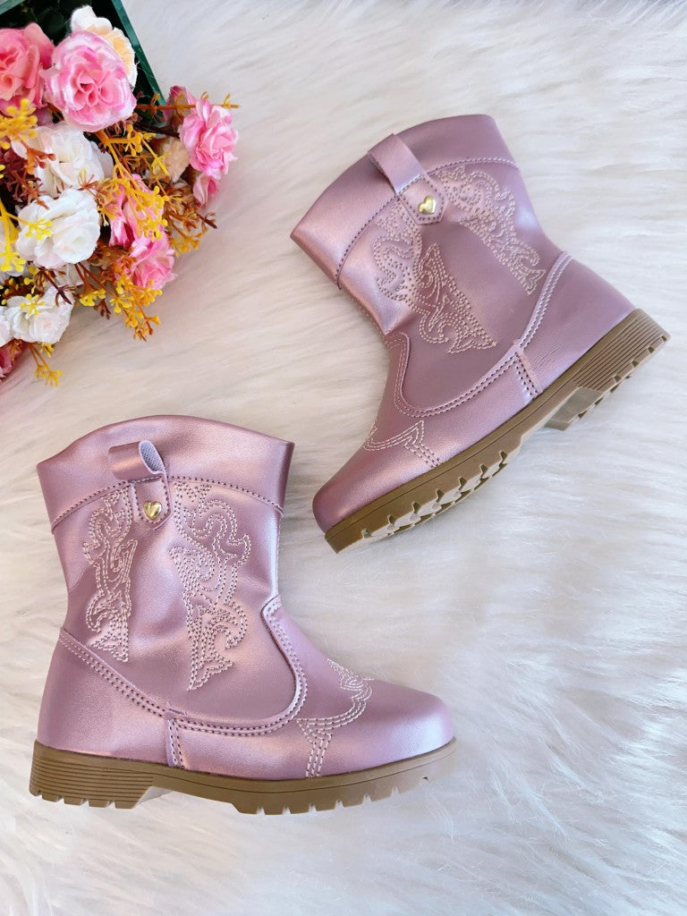 Bota Infantil em Courino Rose Metalizado com Zíper para Inverno
