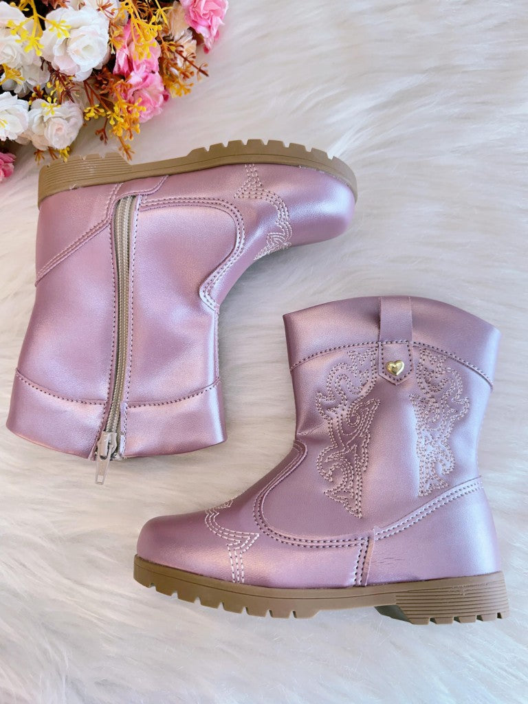 Bota Infantil Courino Metalizado Rosa com Zíper para Inverno