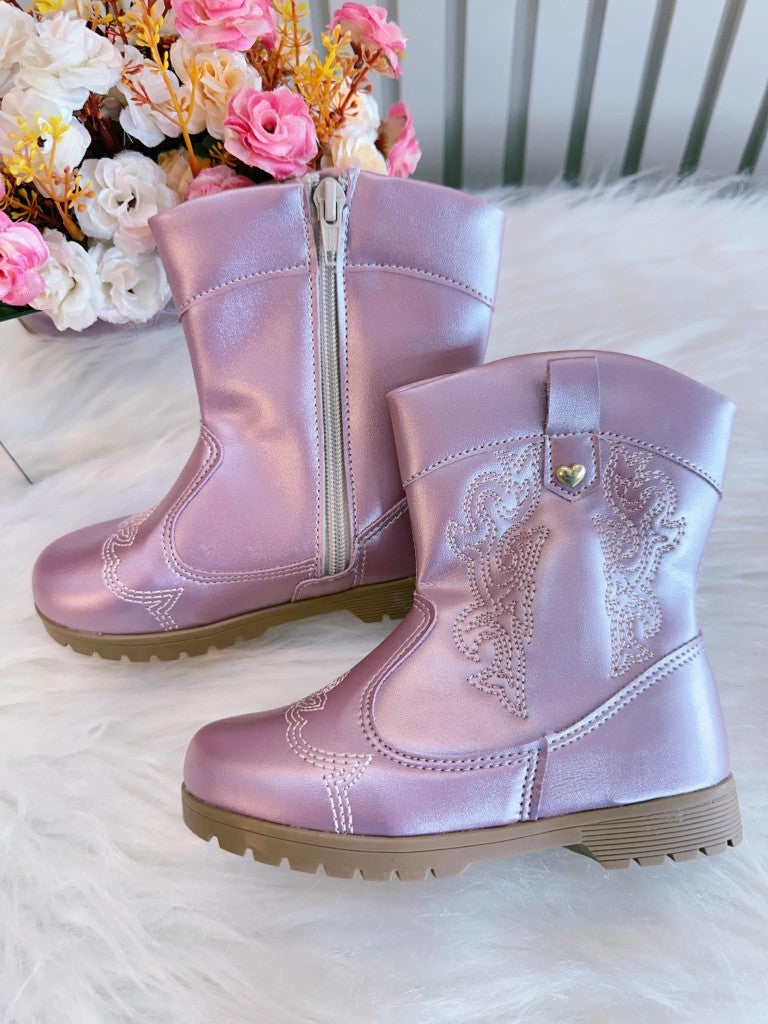 Bota Infantil Courino Metalizado Rosa com Zíper para Inverno