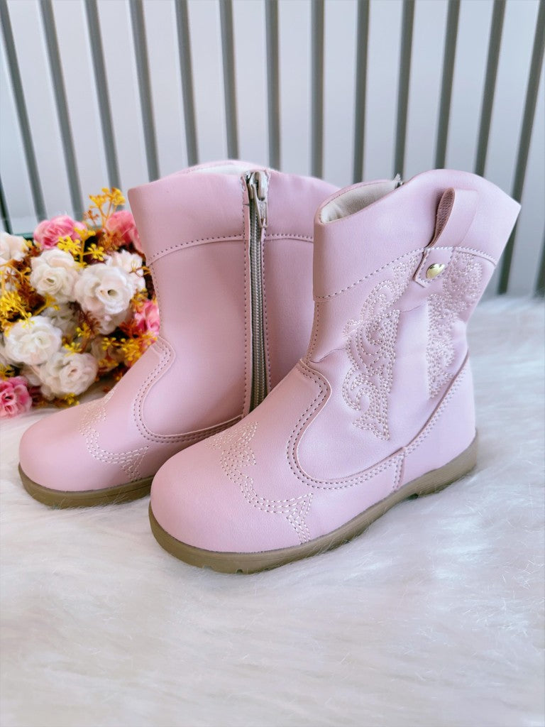 Bota Infantil Rosa Claro em Courino com Laço para Inverno