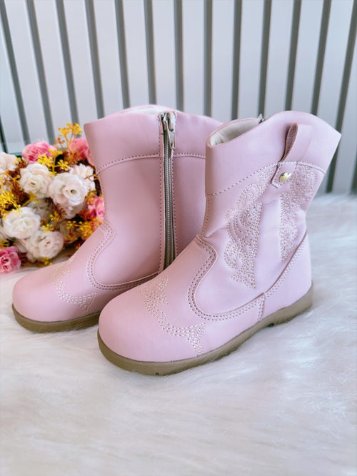 Bota Infantil Rosa Claro em Courino com Laço para Inverno