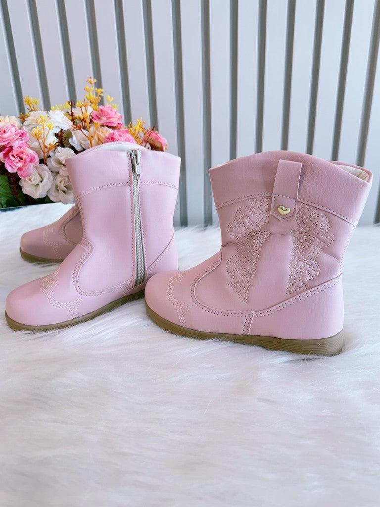 Bota Infantil Rosa Claro em Courino com Laço para Inverno