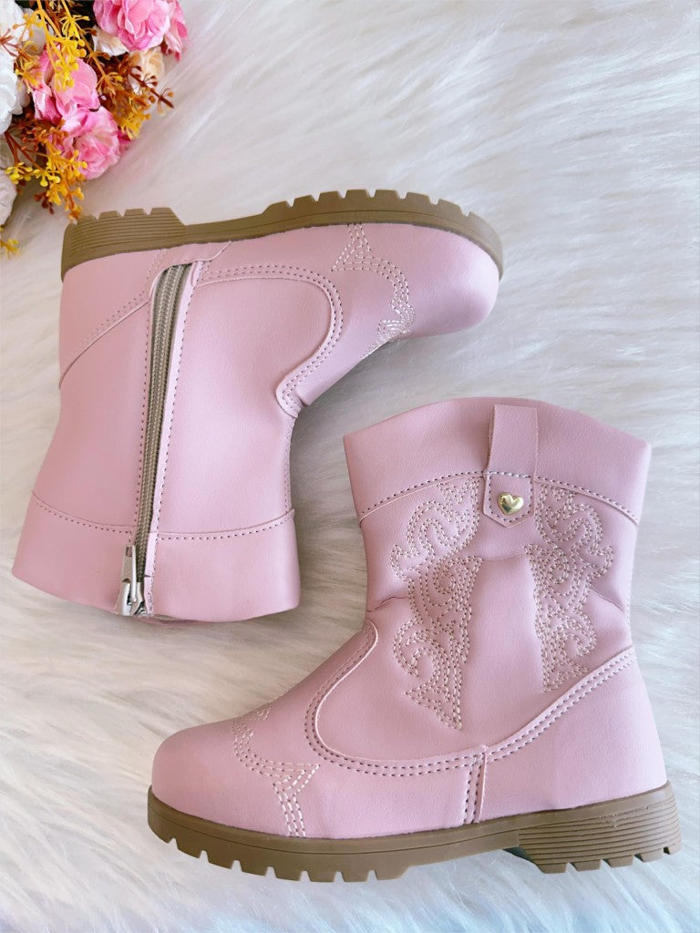 Bota Infantil Rosa Claro em Courino com Laço para Inverno