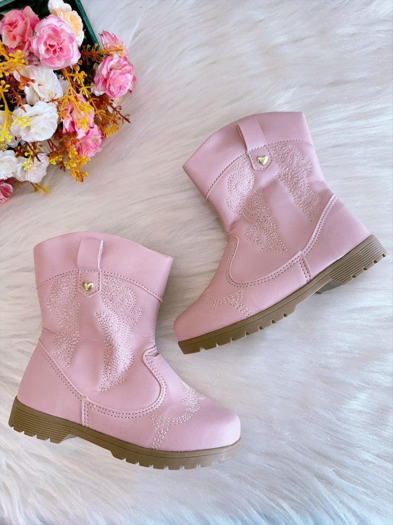 Bota Infantil Rosa Claro em Courino com Laço para Inverno