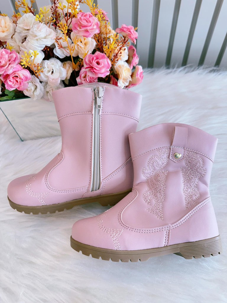 Bota Infantil Rosa Claro em Courino com Laço para Inverno