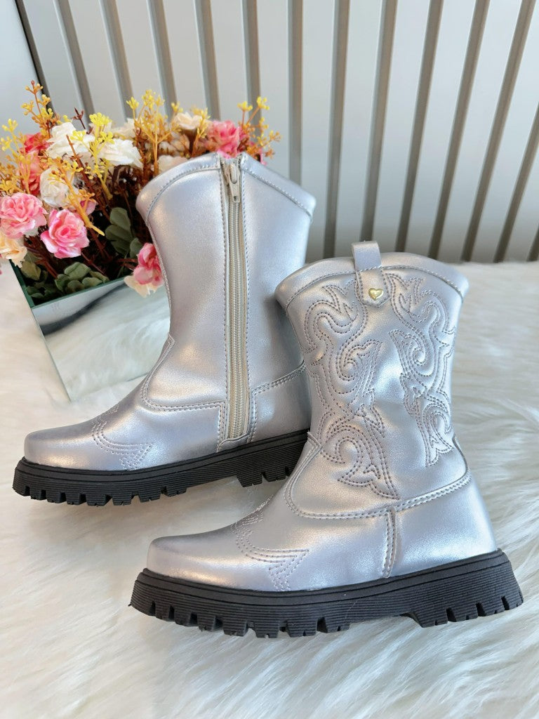Bota Infantil em Courino Prata com Zíper para Inverno