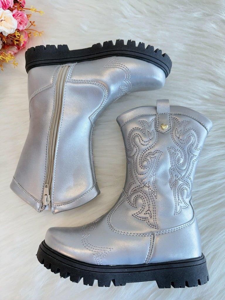 Bota Infantil em Courino Prata com Zíper para Inverno