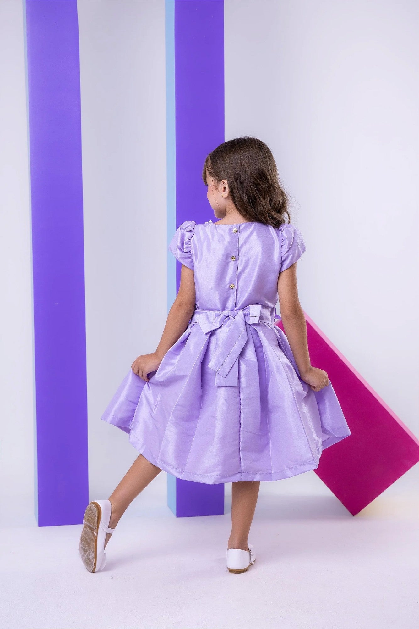 Vestido Lilás Infantil em Tecido 100% Poliéster com Laço