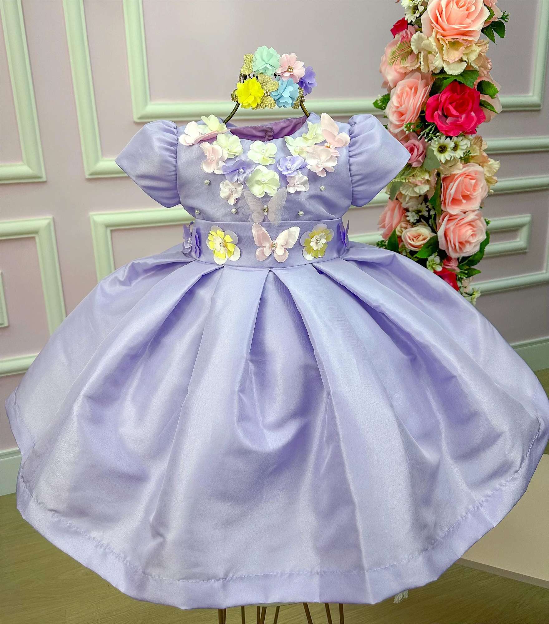 Vestido Lilás Infantil em Tecido 100% Poliéster com Laço