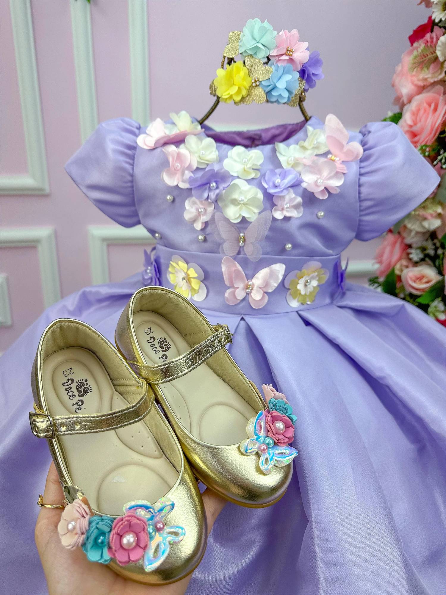 Vestido Lilás Infantil em Tecido 100% Poliéster com Laço