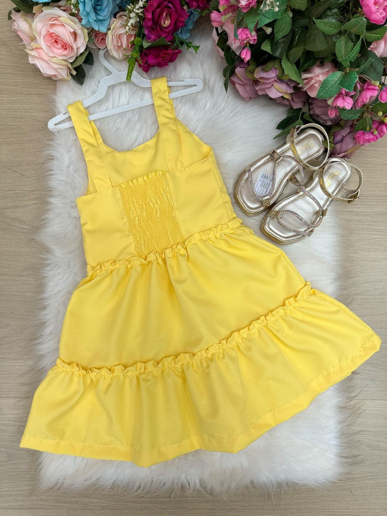 Vestido Amarelo Infantil em Poliéster com Laço e Gola Redonda