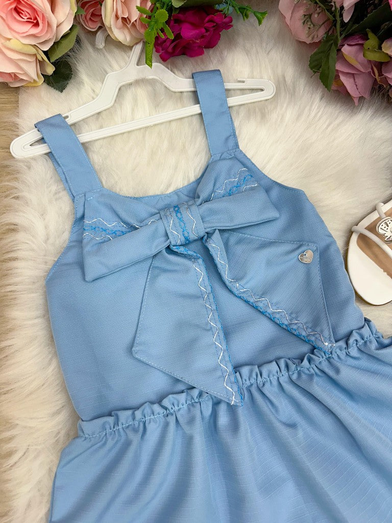 Vestido Infantil Azul Bebê em Poliéster com Laço