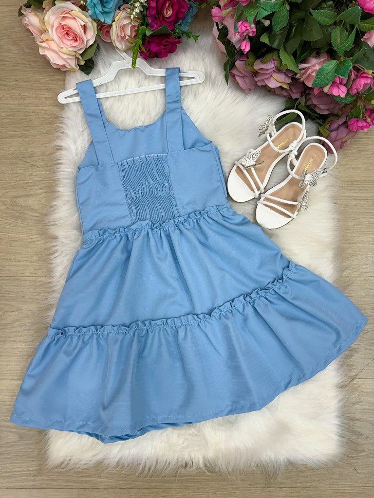 Vestido Infantil Azul Bebê em Poliéster com Laço