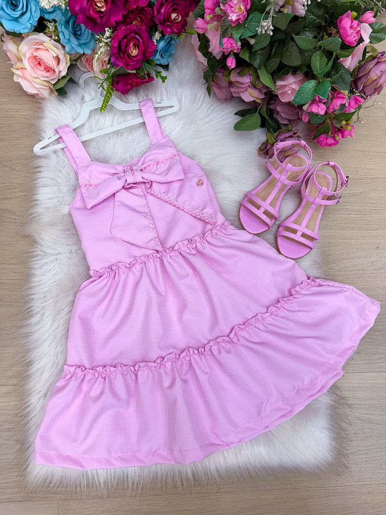 Vestido Infantil Rosa em Poliéster com Laço para Bebê