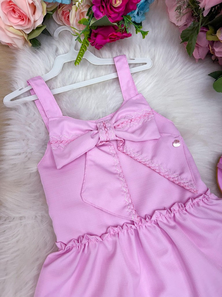 Vestido Infantil Rosa em Poliéster com Laço para Bebê