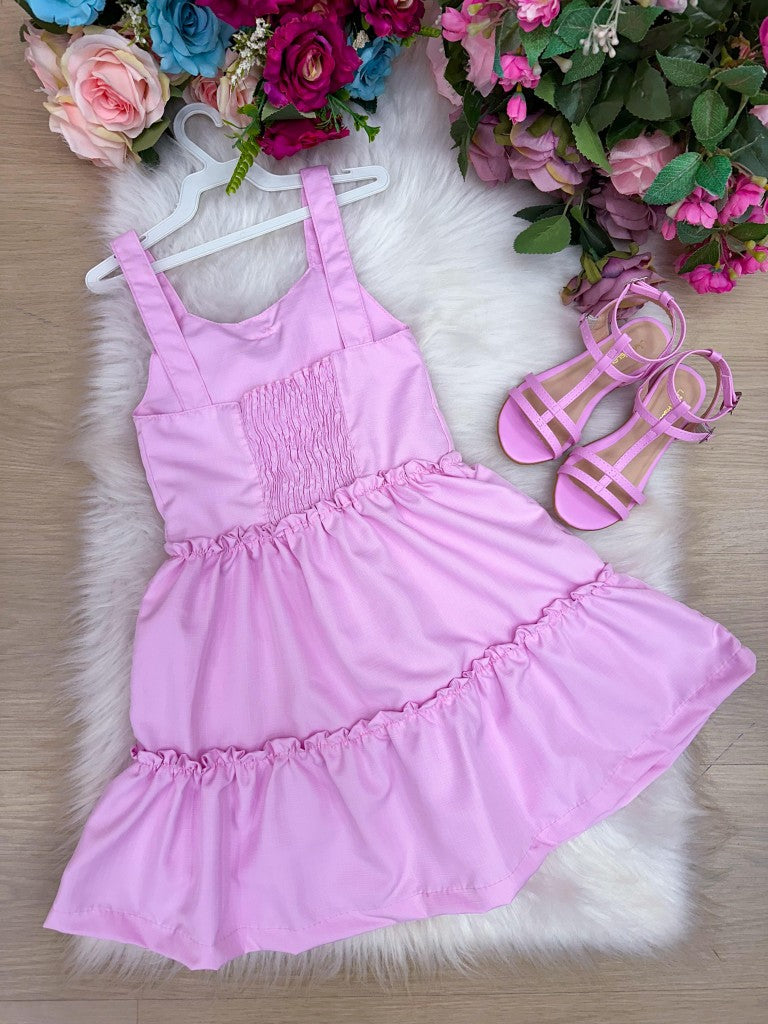 Vestido Infantil Rosa em Poliéster com Laço para Bebê
