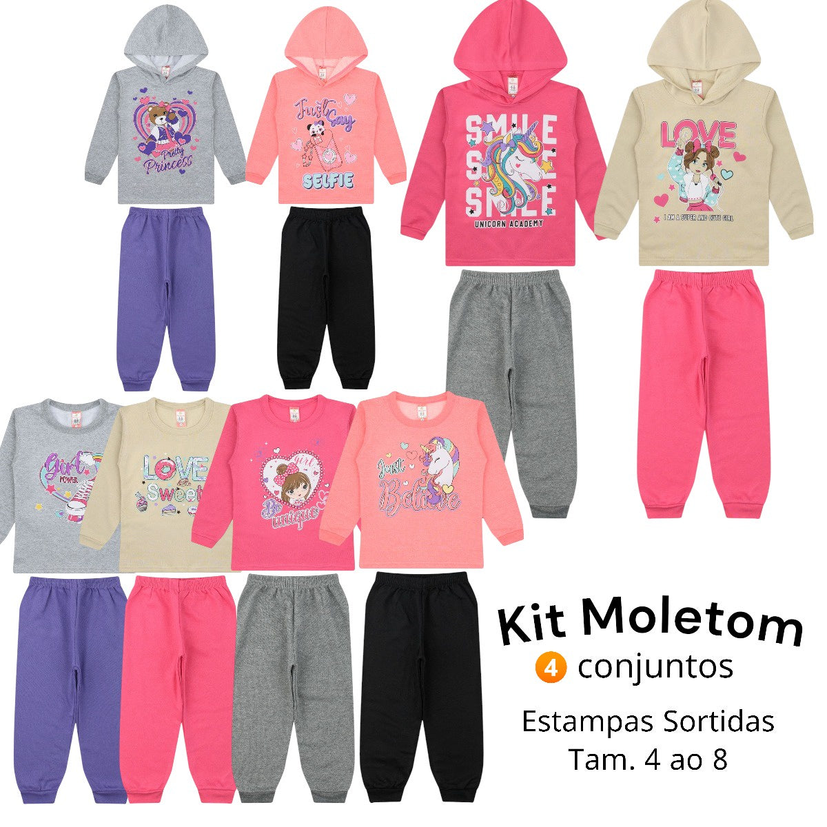 Conjunto de Moletom Infantil com 8 Peças para Meninas