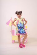 Vestido Infantil Trapézio Amarelo com Orelhinhas do Stitch e Laço de Cabelo