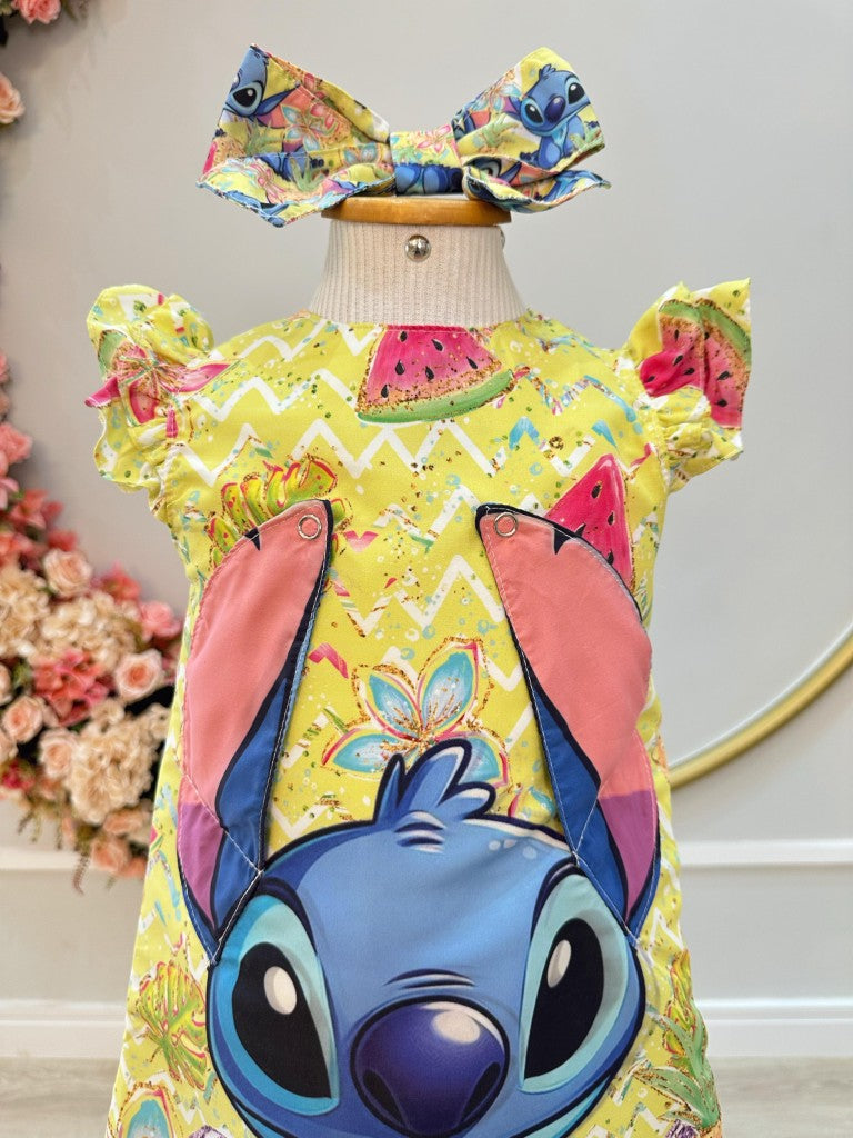 Vestido Infantil Trapézio Amarelo com Orelhinhas do Stitch e Laço de Cabelo