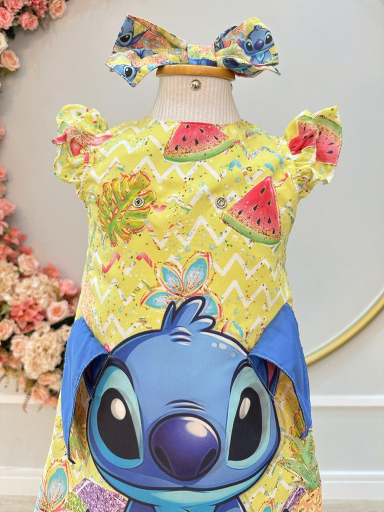 Vestido Infantil Trapézio Amarelo com Orelhinhas do Stitch e Laço de Cabelo