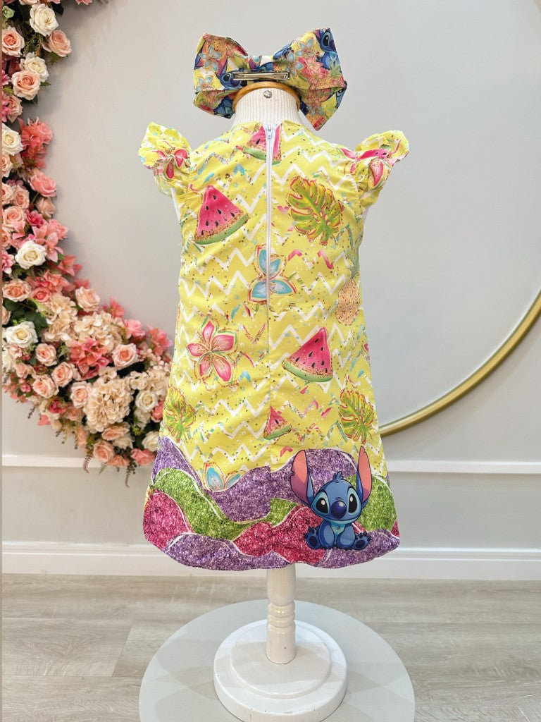 Vestido Infantil Trapézio Amarelo com Orelhinhas do Stitch e Laço de Cabelo