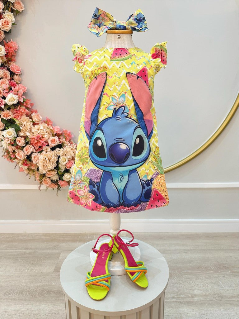 Vestido Infantil Trapézio Amarelo com Orelhinhas do Stitch e Laço de Cabelo