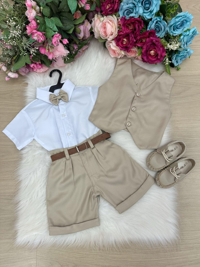 Conjunto Social Infantil Bege com Colete e Bermuda para Eventos Especiais