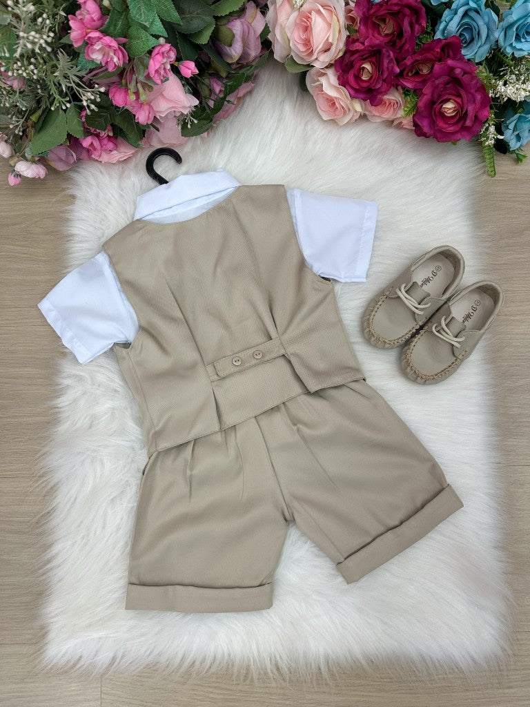 Conjunto Social Infantil Bege com Colete e Bermuda para Eventos Especiais