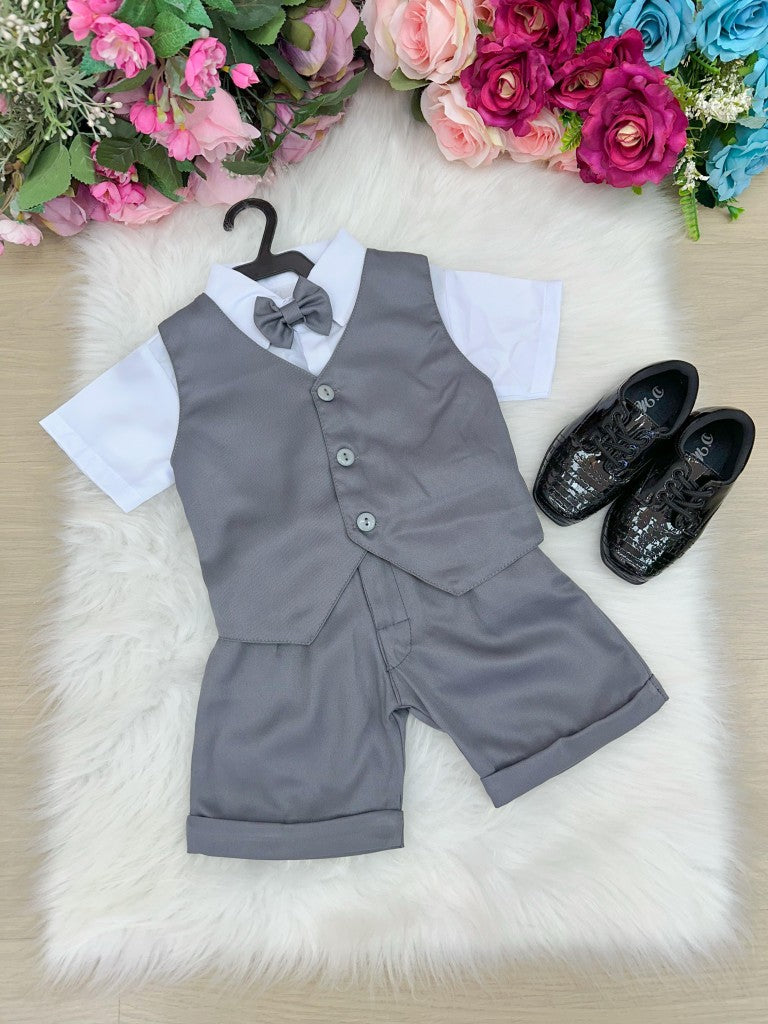 Conjunto Social Infantil Elegante em Cinza Grafite com Colete e Bermuda