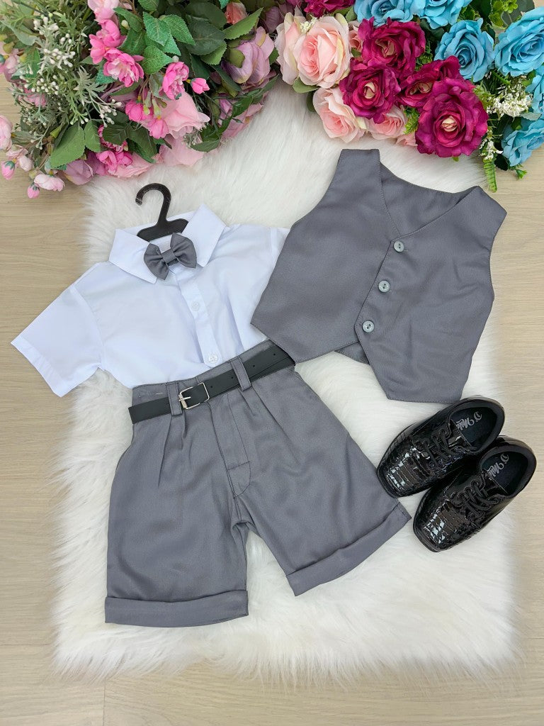 Conjunto Social Infantil Elegante em Cinza Grafite com Colete e Bermuda