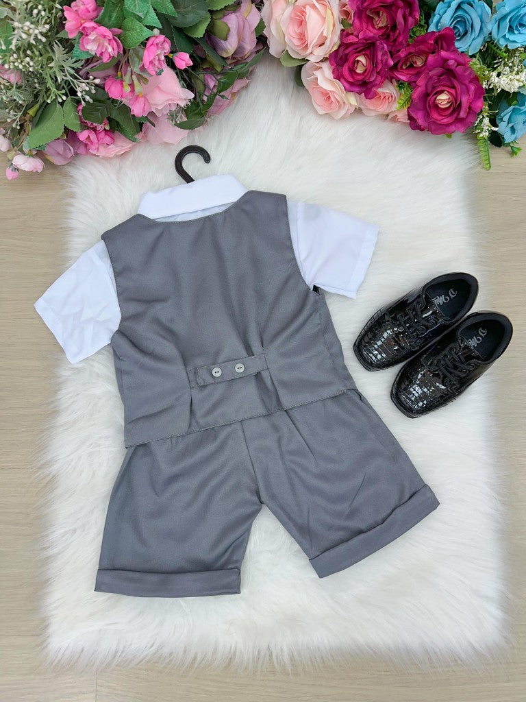 Conjunto Social Infantil Elegante em Cinza Grafite com Colete e Bermuda