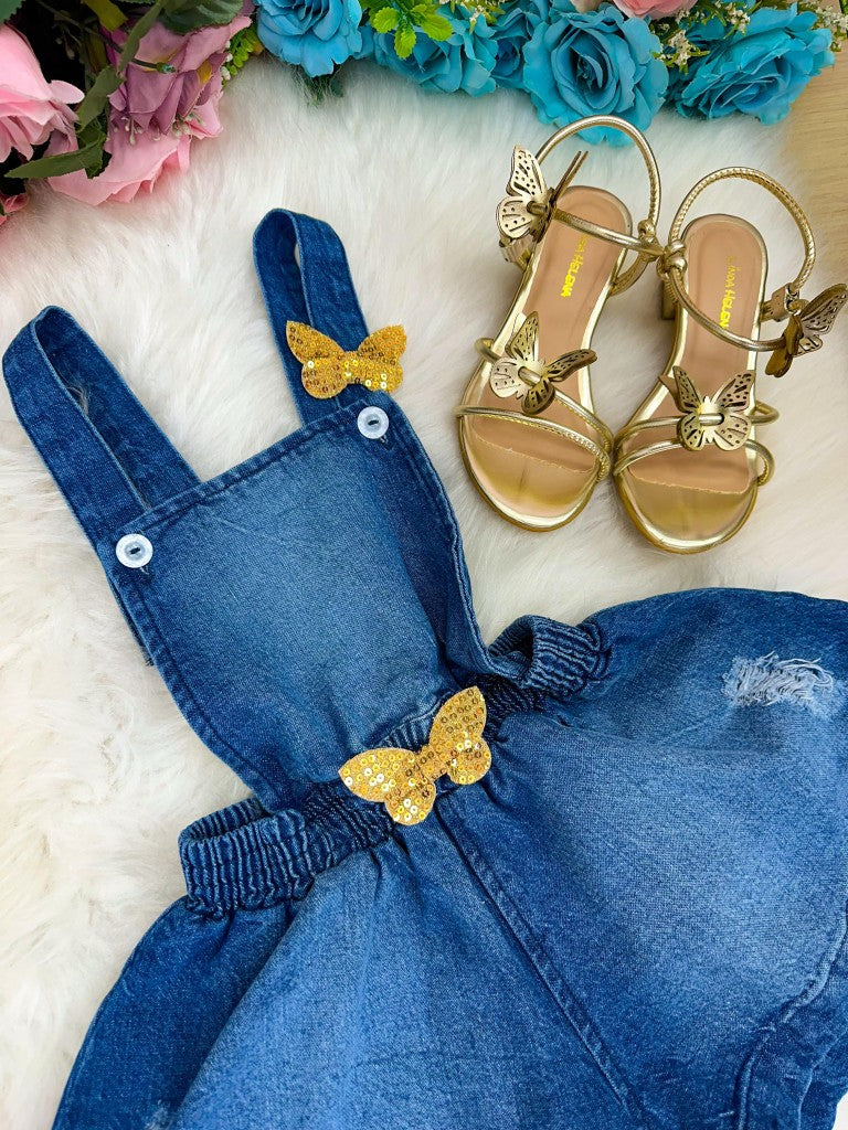 Vestido Jeans Infantil com Cinto e Laço