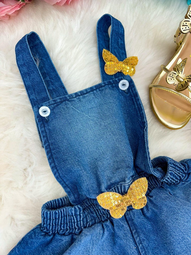 Vestido Jeans Infantil com Cinto e Laço