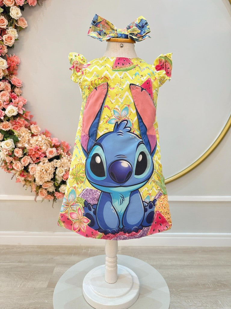 Vestido Infantil Trapézio Amarelo com Orelhinhas do Stitch e Laço de Cabelo