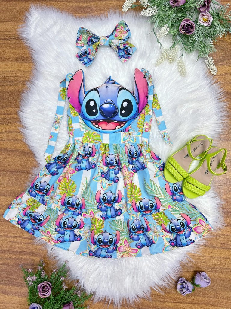 Vestido Infantil Azul Com Aplique do Stitch Tamanho 6